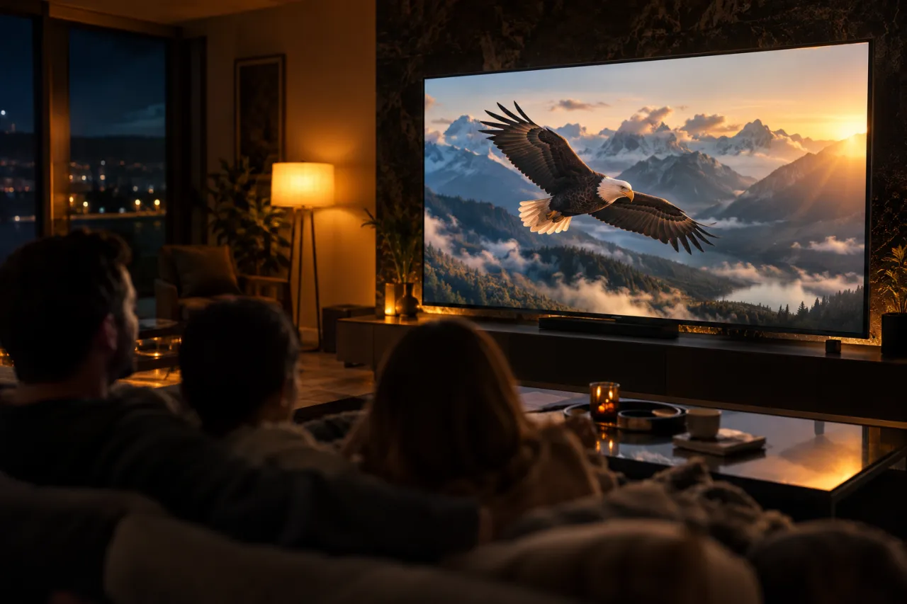 Family watching an eagle soar over snowy mountains on TV, with city lights outside the living room window.