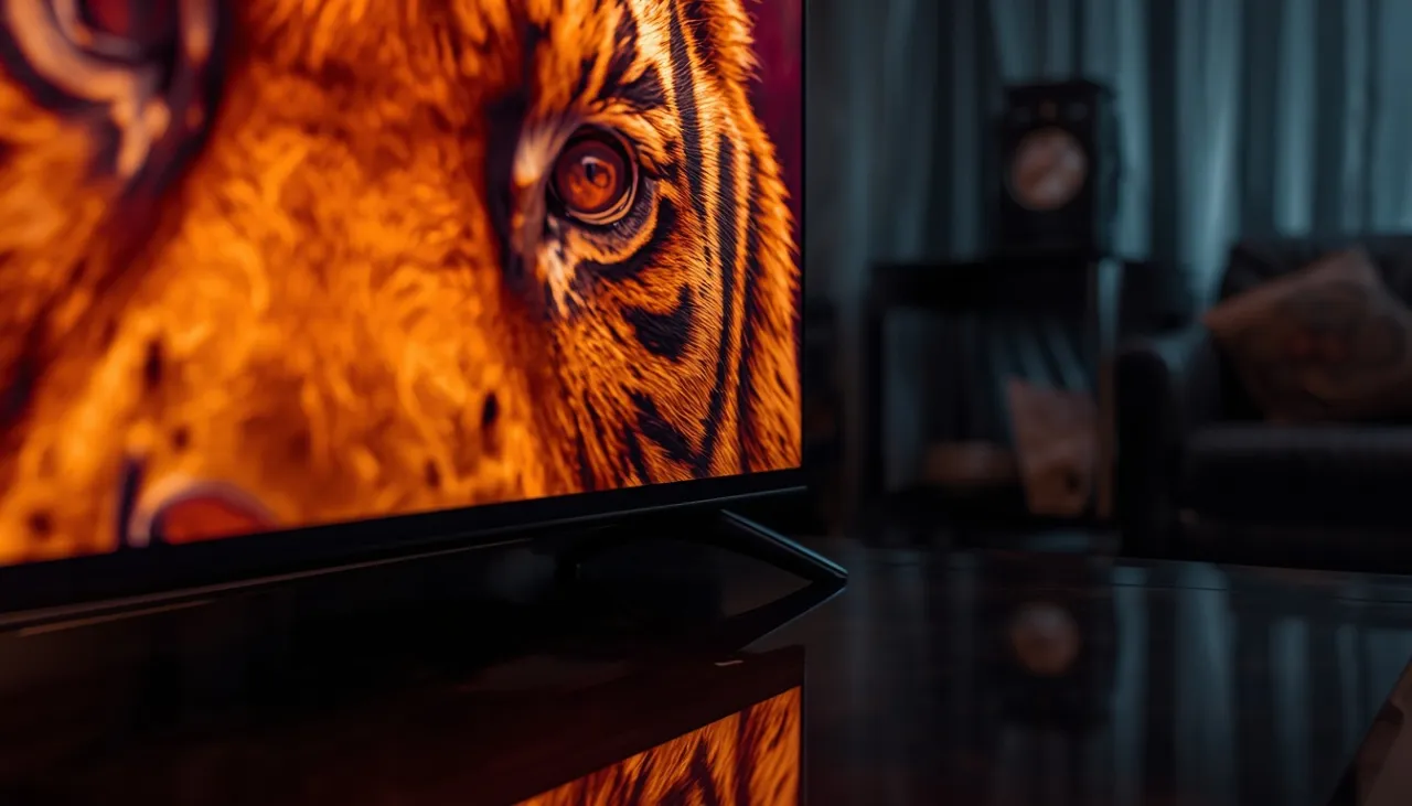 Close-up of a tiger’s eye on a TV screen, reflected in a glossy stand in a dim living room.