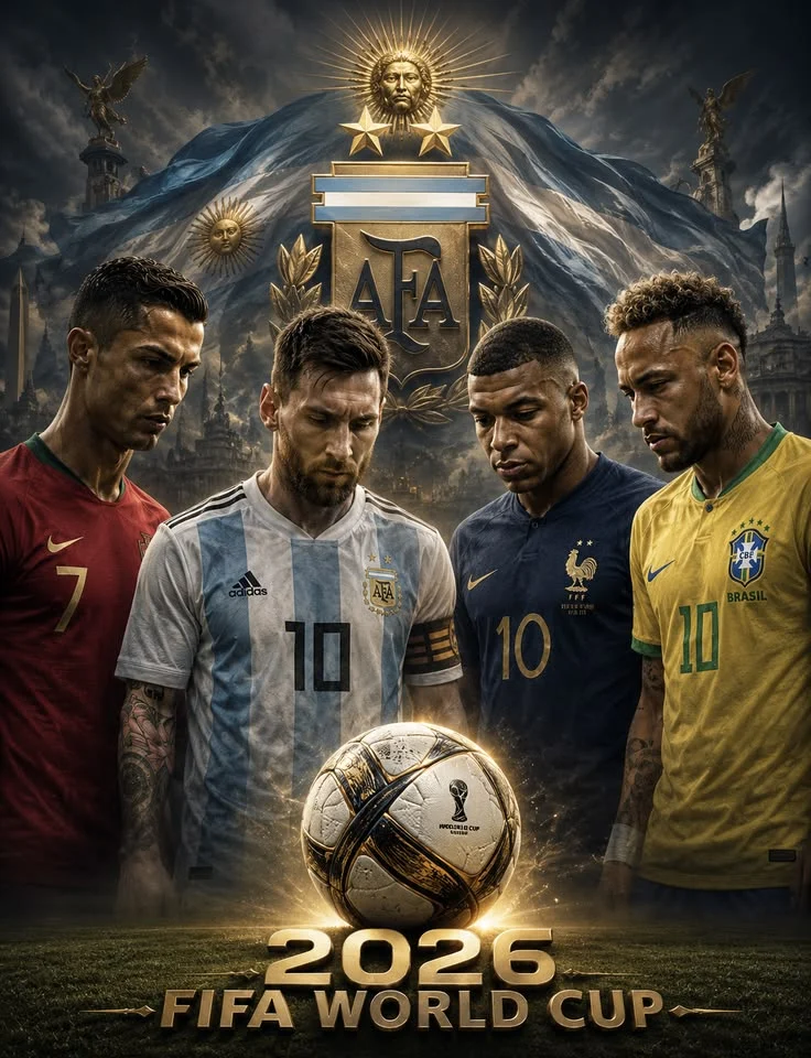 Football poster with four players, a ball, and a trophy above the 2026 FIFA World Cup title.