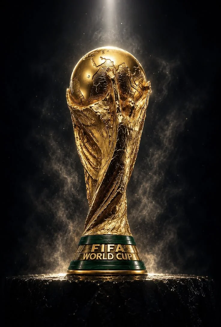 A gold FIFA World Cup trophy illuminated against a black background.