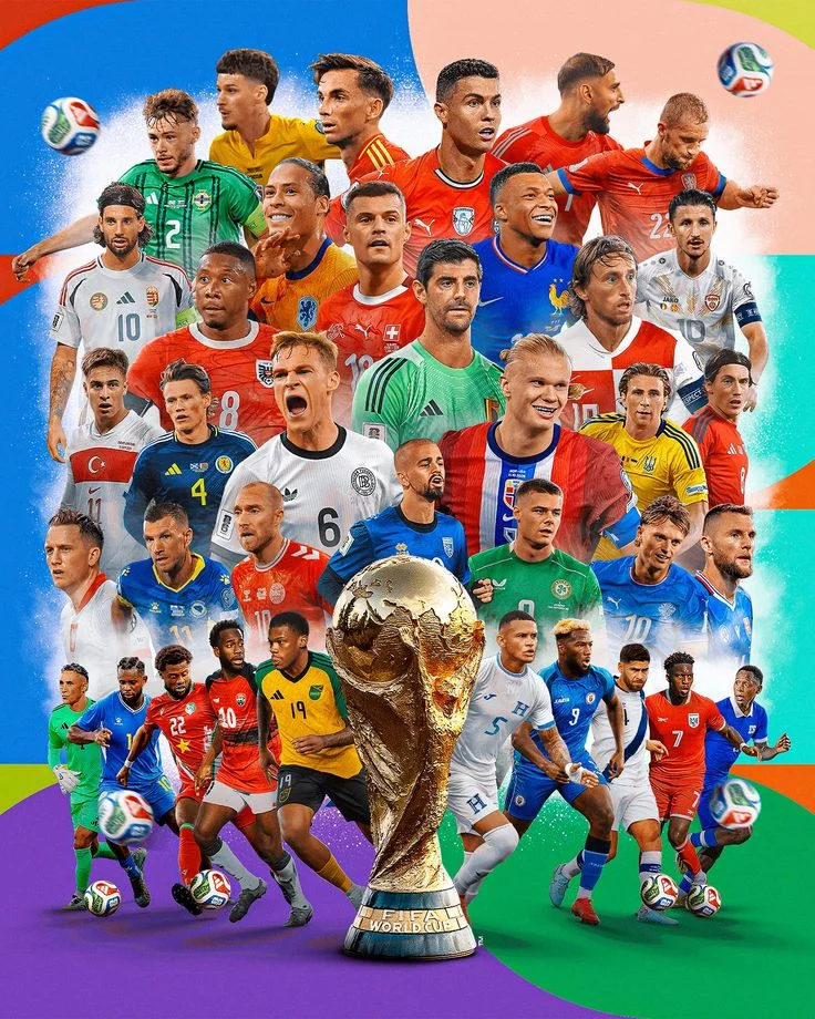 A colorful collage of international football players surrounding the World Cup trophy.