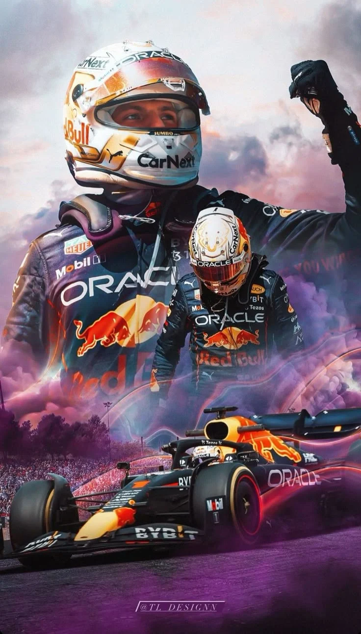 A racing poster combining a helmeted driver and a Red Bull Formula 1 car.