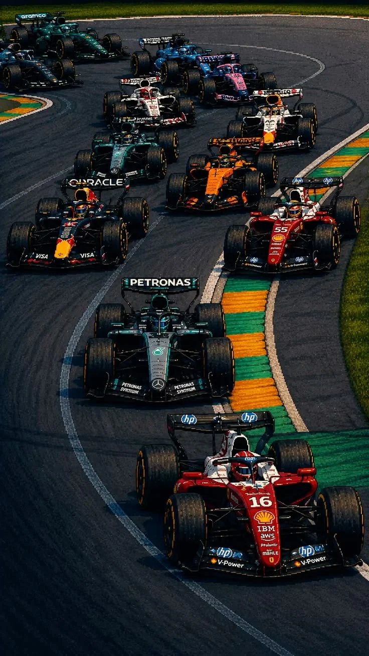 Formula 1 cars racing in a tight pack around a circuit bend.