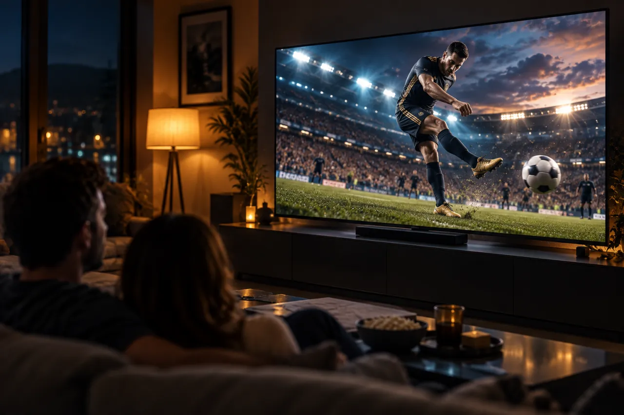 Family watching a soccer player kick a ball on a large TV in a warmly lit living room.