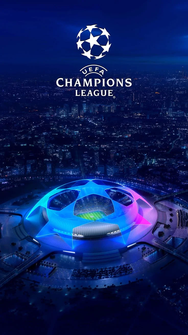 UEFA Champions League artwork with the star-ball logo above a stadium glowing blue and purple.