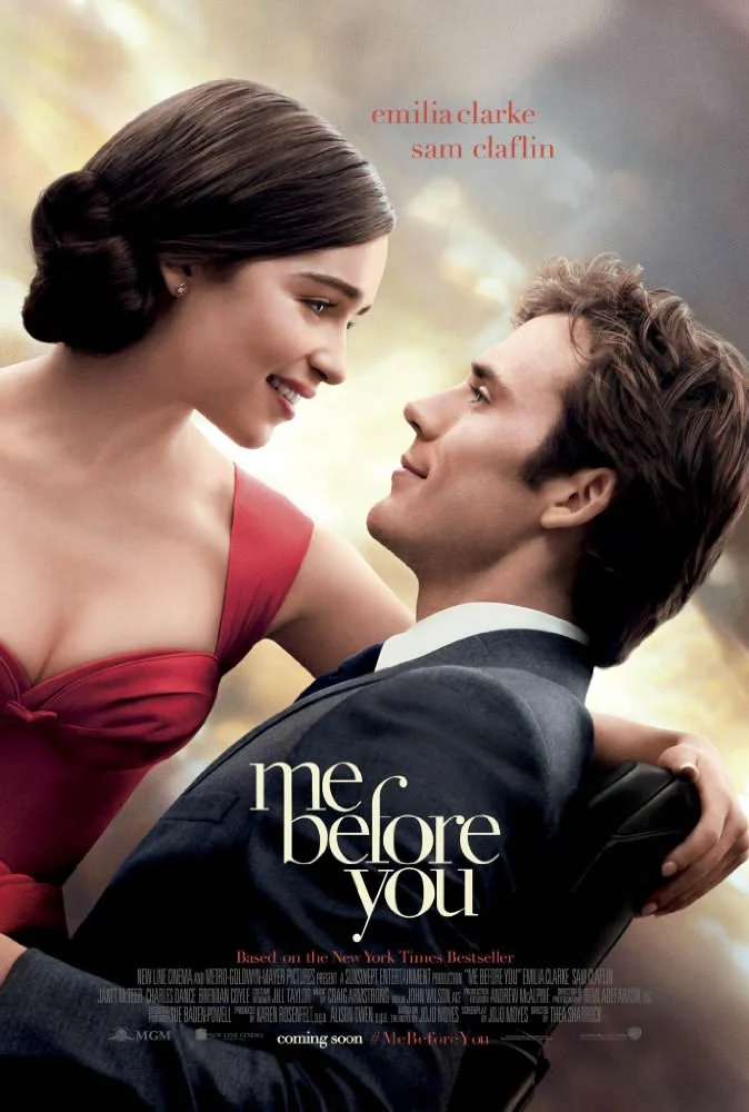 Me Before You poster showing a woman in a red dress leaning toward a seated man.