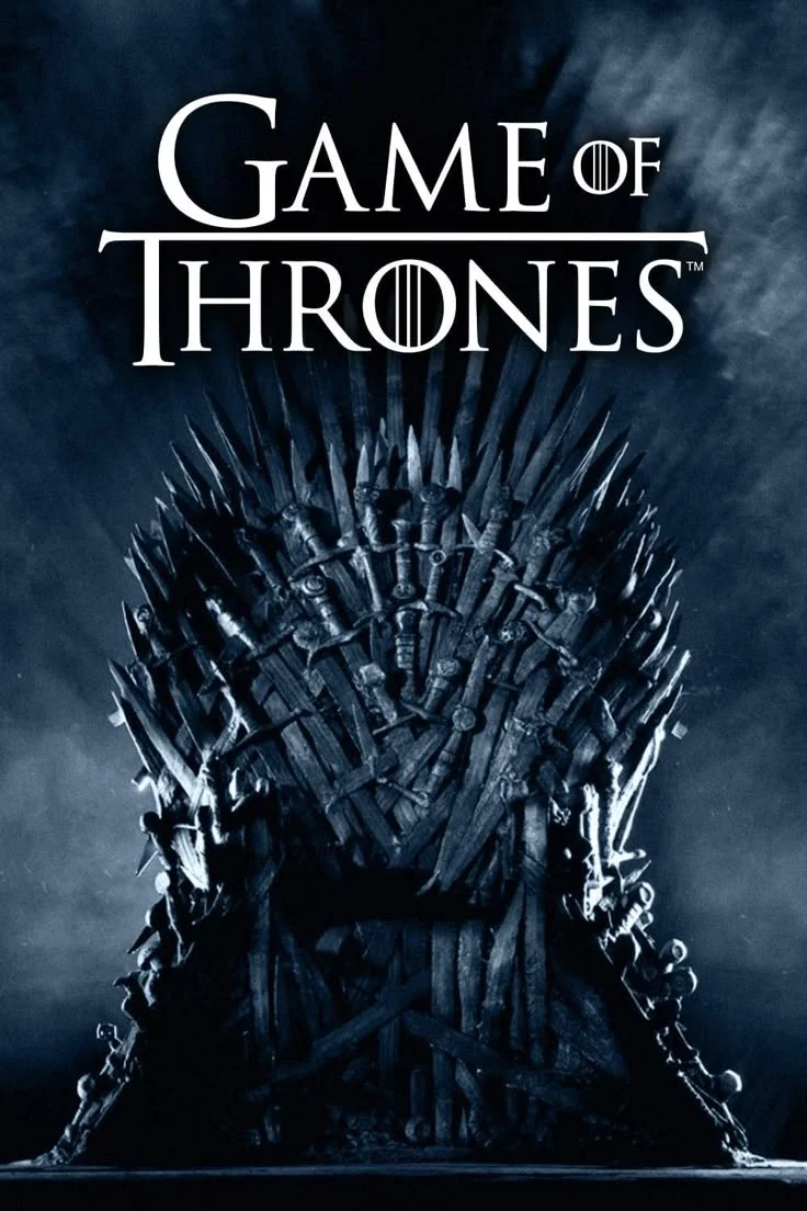 Game of Thrones artwork with a throne made of swords against a dark blue background.