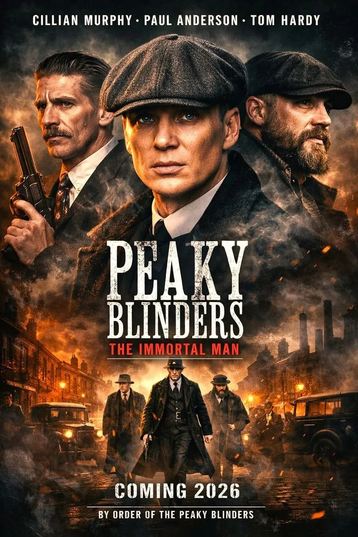 Peaky Blinders artwork showing men in flat caps above a fiery city scene.