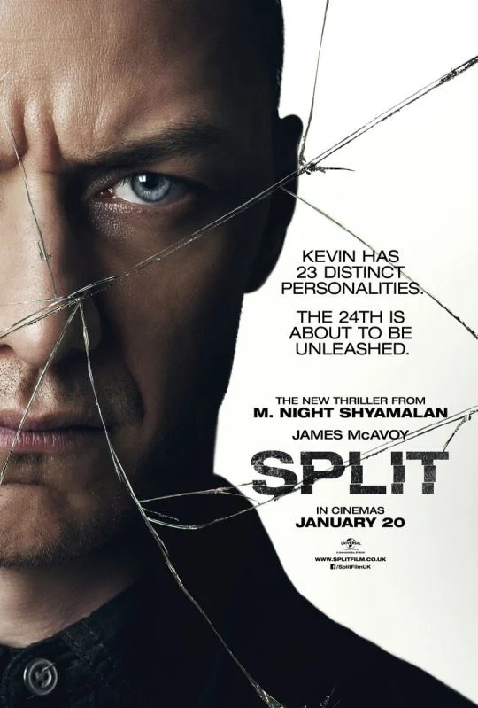 Split poster with a close-up of a man's face behind a cracked-glass pattern.