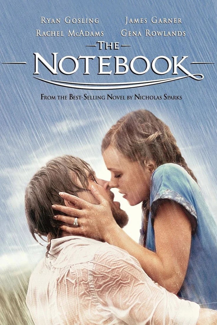 The Notebook poster showing a couple embracing and kissing in the rain.