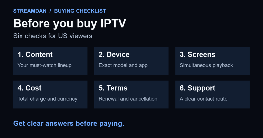 IPTV purchase checklist: content, device, simultaneous screens, total cost, renewal and cancellation terms, and support.