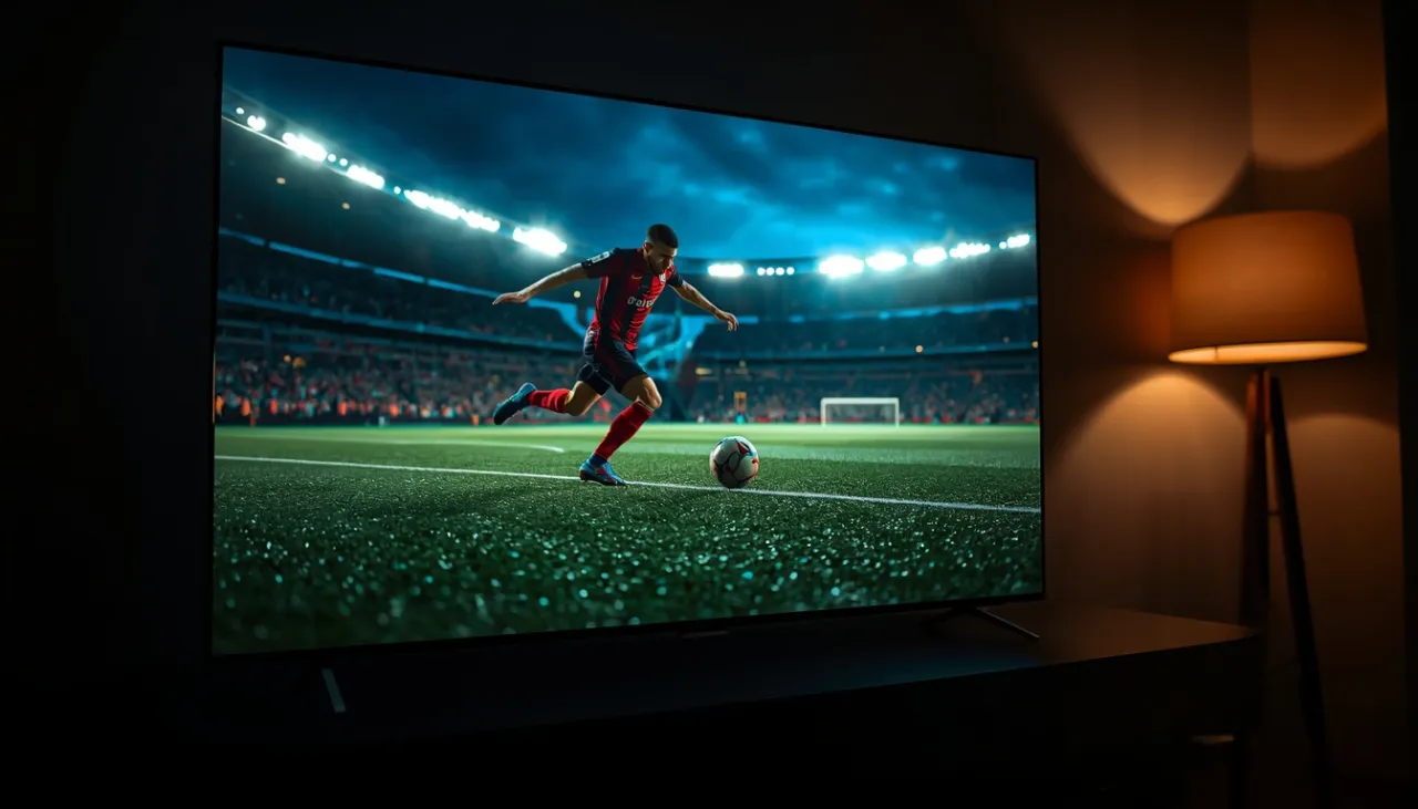 TV showing a soccer player running toward the ball in a floodlit stadium, beside a glowing floor lamp.